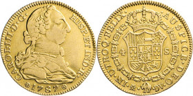 AUSLÄNDISCHE MÜNZEN
SPANIEN
Carlos III., 1759–1788. 4 Escudos 1787 M-DV, Madrid. Calico/Trigo 26,222. Fb. 284. 13,39 g. Schräg gekerbter Rand. GOLD...