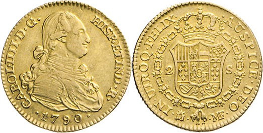 AUSLÄNDISCHE MÜNZEN
SPANIEN
Carlos IV., 1788–1808. 2 Escudos 1790 M-MF, Madrid...