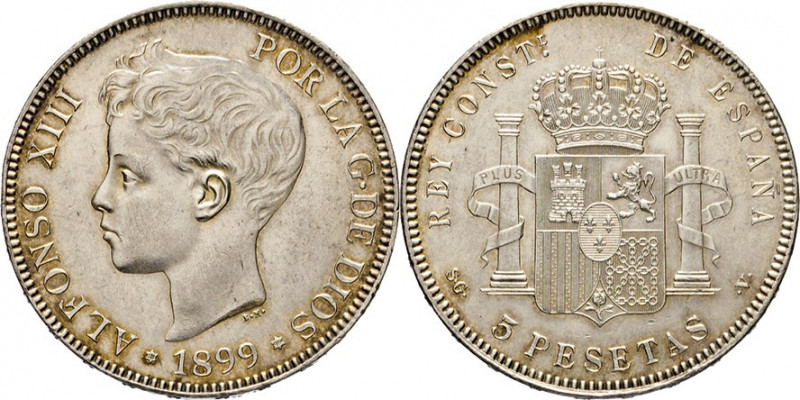 AUSLÄNDISCHE MÜNZEN
SPANIEN
Alfonso XIII., 1885–1931. 5 Pesetas 1899 SG-V, Val...