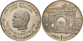 AUSLÄNDISCHE MÜNZEN
TUNESIEN
1 Dinar 1969 NI, Arezzo (Italien). Büste des Präsidenten Habib Bourguiba. Rs. Torgebäude Sbeitla-Sufetula. KM 301. Kerb...