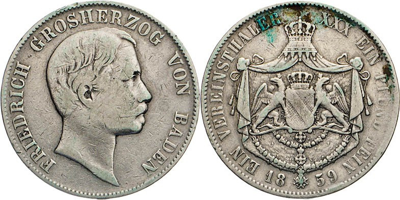 DEUTSCHE MÜNZEN VOR 1871
BADEN
Friedrich, 1856–1907. Vereinstaler 1859, Karlsr...