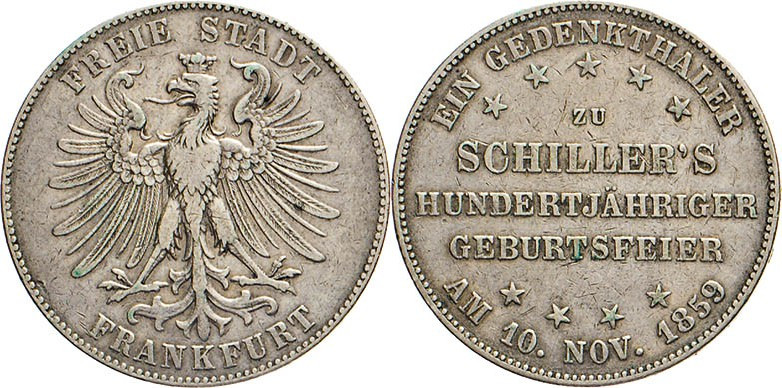 DEUTSCHE MÜNZEN VOR 1871
FRANKFURT
Vereins-Gedenktaler 1859, Frankfurt. Gekrön...