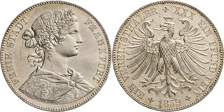 DEUTSCHE MÜNZEN VOR 1871
FRANKFURT
Vereinstaler 1859. Francofurtia. Thun 142. ...