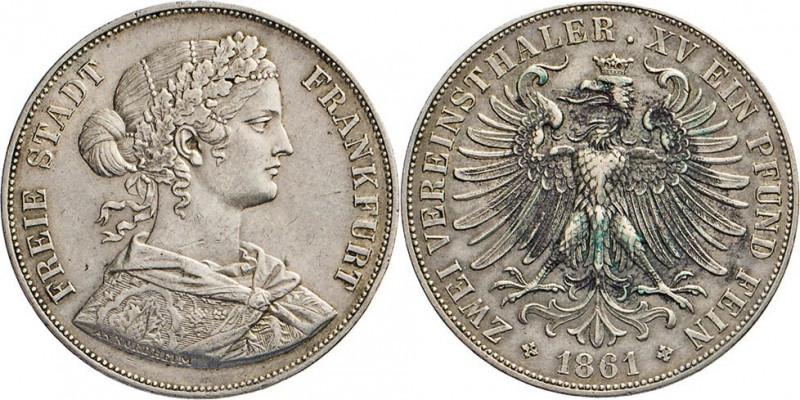 DEUTSCHE MÜNZEN VOR 1871
FRANKFURT
Vereins-Doppeltaler 1861, Francofurtia. Thu...