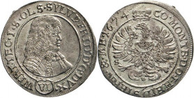 DEUTSCHE MÜNZEN VOR 1871
WÜRTTEMBERG-OELS
Silvius Friedrich, 1664–1697. 6 Kreuzer 1674 SP=Mzmstr. Samuel Pfähler. Geharn. Brustbild n.r. Rs. Gekrönt...