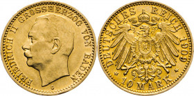 DEUTSCHE MÜNZEN NACH 1871
GOLDMÜNZEN des DEUTSCHEN KAISERREICHS
BADEN, Großherzogtum
Friedrich II., 1907–1918. 10 Mark 1909 G. J. 191.
vz