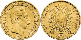 DEUTSCHE MÜNZEN NACH 1871
GOLDMÜNZEN des DEUTSCHEN KAISERREICHS
HESSEN, Großherzogtum
Ludwig III., 1848–1877. 20 Mark 1873 H. J. 214.
ss