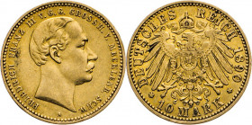 DEUTSCHE MÜNZEN NACH 1871
GOLDMÜNZEN des DEUTSCHEN KAISERREICHS
MECKLENBURG–SCHWERIN, Großherzogtum
Friedrich Franz III., 1883–1897. 10 Mark 1890 A...