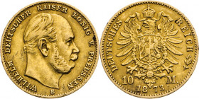 DEUTSCHE MÜNZEN NACH 1871
GOLDMÜNZEN des DEUTSCHEN KAISERREICHS
PREUSSEN, Königreich
Willhelm I., 1861–1888. 10 Mark 1873 B. J. 242. 
fss