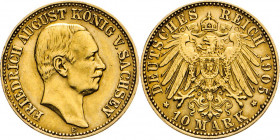DEUTSCHE MÜNZEN NACH 1871
GOLDMÜNZEN des DEUTSCHEN KAISERREICHS
SACHSEN, Königreich
Friedrich August III., 1904–1918. 10 Mark 1905 E. J. 267.
ss-v...