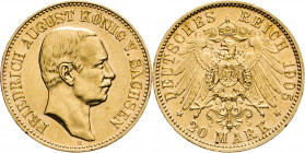 DEUTSCHE MÜNZEN NACH 1871
GOLDMÜNZEN des DEUTSCHEN KAISERREICHS
SACHSEN, Königreich
20 Mark 1905 E. J. 268. 
ss-vz