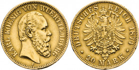 DEUTSCHE MÜNZEN NACH 1871
GOLDMÜNZEN des DEUTSCHEN KAISERREICHS
WÜRTTEMBERG, Königreich
20 Mark 1874 F. J. 293. 
ss