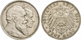 DEUTSCHE MÜNZEN NACH 1871
SILBERMÜNZEN des DEUTSCHEN KAISERREICHS
BADEN, Großherzogtum
5 Mark 1906 G. Goldene Hochzeit. J. 35. 
vz