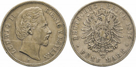 DEUTSCHE MÜNZEN NACH 1871
SILBERMÜNZEN des DEUTSCHEN KAISERREICHS
BAYERN, Königreich
Ludwig II., 1864–1886. 5 Mark 1875 D. J. 42.
fss