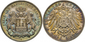 DEUTSCHE MÜNZEN NACH 1871
SILBERMÜNZEN des DEUTSCHEN KAISERREICHS
HAMBURG, Freie und Hansestadt
3 Mark 1913 J. J. 64. Leichte Patina. R
PP