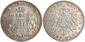 DEUTSCHE MÜNZEN NACH 1871
SILBERMÜNZEN des DEUTSCHEN KAISERREICHS
HAMBURG, Freie und Hansestadt
5 Mark 1913 J. J. 65. 
vz