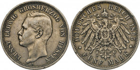 DEUTSCHE MÜNZEN NACH 1871
SILBERMÜNZEN des DEUTSCHEN KAISERREICHS
HESSEN, Großherzogtum
Ernst Ludwig, 1892–1918. 5 Mark 1895 A. J. 73. Kl. Rdd., le...