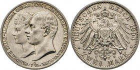 DEUTSCHE MÜNZEN NACH 1871
SILBERMÜNZEN des DEUTSCHEN KAISERREICHS
MECKLENBURG-SCHWERIN, Großherzogtum
2 Mark 1904 A. Hochzeit. J. 86. 
vz-st