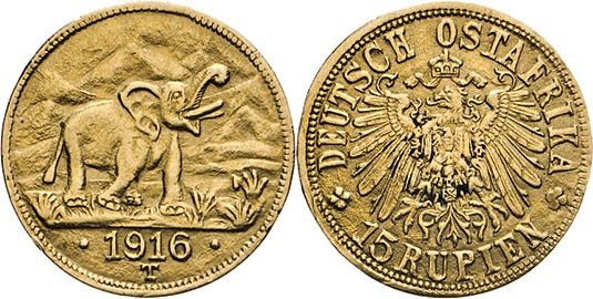 DEUTSCHE MÜNZEN NACH 1871
KOLONIEN
DEUTSCH-OSTAFRIKA. 15 Rupien 1916 T, Tabora...