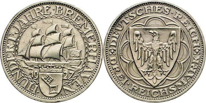 DEUTSCHE MÜNZEN NACH 1871
 WEIMARER REPUBLIK
3 Mark 1927 A. Bremerhaven. J. 32...