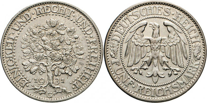 DEUTSCHE MÜNZEN NACH 1871
 WEIMARER REPUBLIK
5 Mark 1931 G. Eichbaum. J. 331. ...