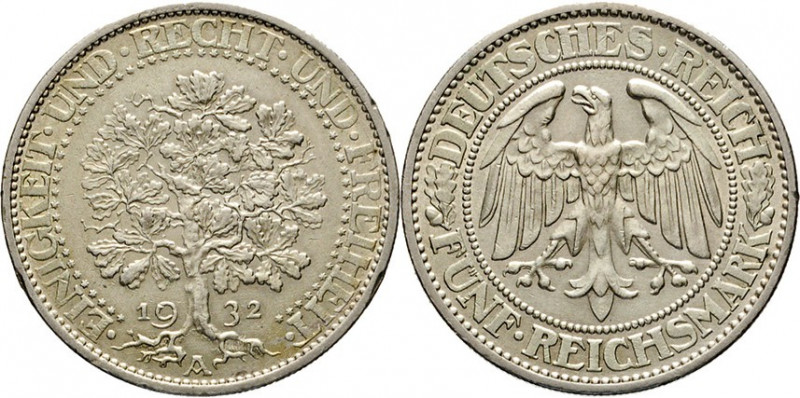 DEUTSCHE MÜNZEN NACH 1871
 WEIMARER REPUBLIK
5 Mark 1932 A. Eichbaum. J. 331. ...