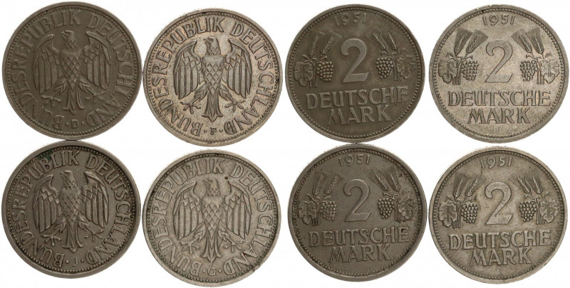 DEUTSCHE MÜNZEN NACH 1871
BUNDESREPUBLIK DEUTSCHLAND
2 Mark 1951 D, F, G, J. J...