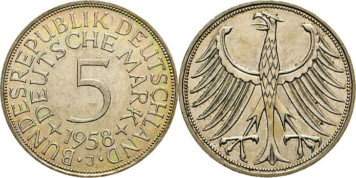 DEUTSCHE MÜNZEN NACH 1871
BUNDESREPUBLIK DEUTSCHLAND
5 Mark Kursmünze 1958 J. ...