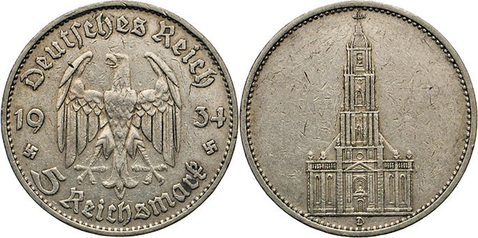 DEUTSCHE MÜNZEN NACH 1871
Proben und Verprägungen
5 Reichsmark 1934 D. Garniso...