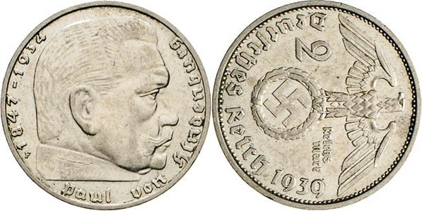 DEUTSCHE MÜNZEN NACH 1871
Proben und Verprägungen
2 Reichsmark1939 F. Hindenbu...