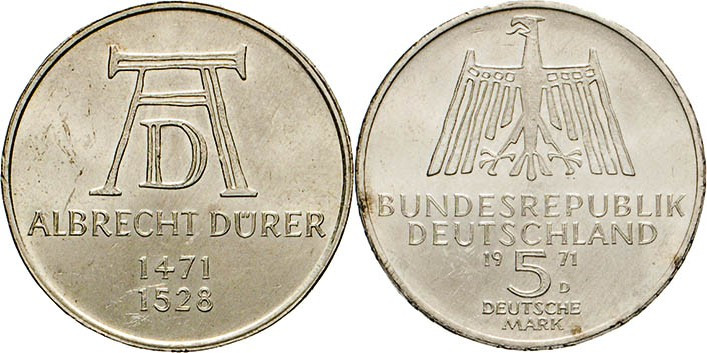 DEUTSCHE MÜNZEN NACH 1871
Proben und Verprägungen
5 Mark 1971 D. Albrecht Düre...