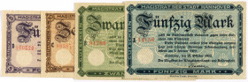PAPIERGELD u. BANKNOTEN
DEUTSCHES INFLATIONSGELD
Hamburg, Sammlung B.
Hannover, Stadt. 5, 10, 20 u. 50 Mark vom 21.10.1918. Serien D, C, B, A. Geig...