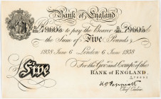 PAPIERGELD u. BANKNOTEN
AUSLÄNDISCHE GELDSCHEINE
Grossbritannien. Bank of England. 5 Pounds, London 6.6.1938. Serie B 228. KM/Pick 335. 
 I-II