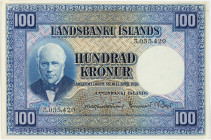 PAPIERGELD u. BANKNOTEN
AUSLÄNDISCHE GELDSCHEINE
100 Kronur vom 15.4.1928. KN 3.055,420. WPM 35. 
II