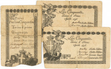 PAPIERGELD u. BANKNOTEN
AUSLÄNDISCHE GELDSCHEINE
Italien. Sardo-Piemontese, Torino. 50 Lire 1. Juni 1794. 50 Lire 1.4.1796 (2 Stück). Gavello 19,21....