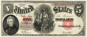 PAPIERGELD u. BANKNOTEN
AUSLÄNDISCHE GELDSCHEINE
USA. United States Notes. 5 Dollars, Serie 1907 A. Präsident Jackson, pioneer family. M 41286133. F...