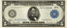 PAPIERGELD u. BANKNOTEN
AUSLÄNDISCHE GELDSCHEINE
Federal Reserve Notes. 5 Dollars, Serie 1914. Kansas City (10-J). Abraham Lincoln. J. 42472698A. KM...
