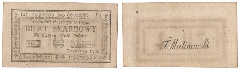 Kosciuszko uprising, 4 zloty 1794 Bardzo dobrze zachowany egzemplarz banknotu In...