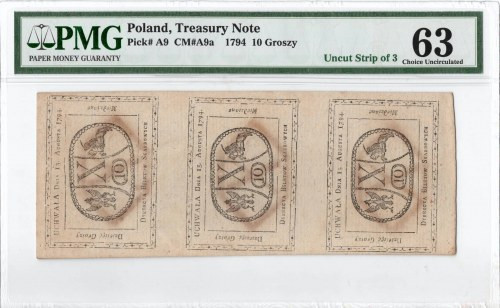 10 groszy 1794 - nierozcięte 3 banknoty = złotówka - PMG 63 Egzemplarz w doskona...