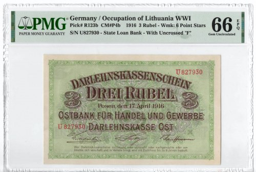 Poznań, 3 ruble 1916, krótka klauzula - PMG 66EPQ Perfekcyjnie zachowany banknot...