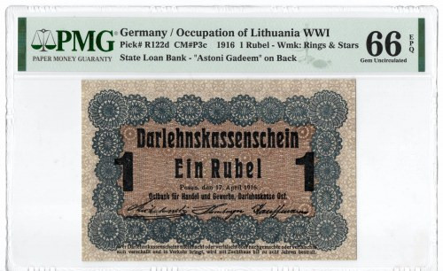 Poznań, 1 rubel 1916, krótka klauzula - PMG 66EPQ Perfekcyjnie zachowany banknot...