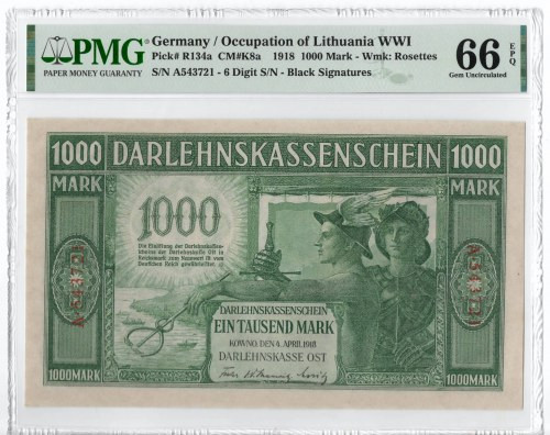 Kowno, 1000 marek 1918 - 6 cyfrowa numeracja - PMG 66EPQ Doskonały okazowy bankn...