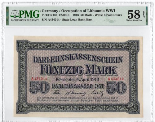 Kowno, 50 marek 1918 - PMG 58EPQ Świetnie zachowany banknot o doskonałej prezenc...