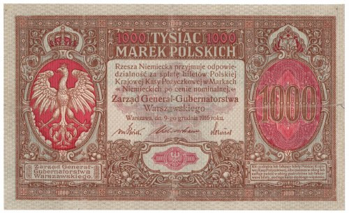 GG, 1000 mkp 1916 Generał Banknot w dobrej wizualnie kondycji, widoczne kilka zł...