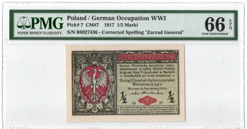 GG, 1/2 mkp 1916 B Generał - PMG 66EPQ Wyśmienicie zachowany banknot, o idealnej...