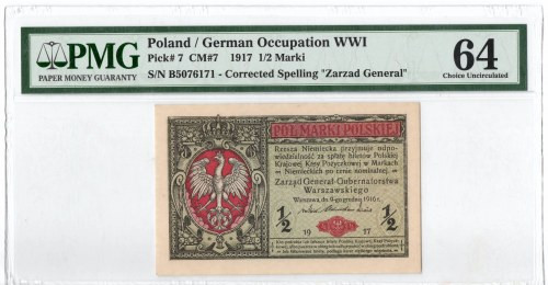 GG, 1/2 mkp 1916 B Generał - PMG 64 Doskonale zachowany banknot, doceniony bardz...