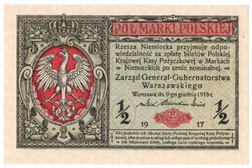 GG, 1/2 mkp 1916 Generał Egzemplarz w wyśmienitym, emisyjnym stanie zachowania. ...