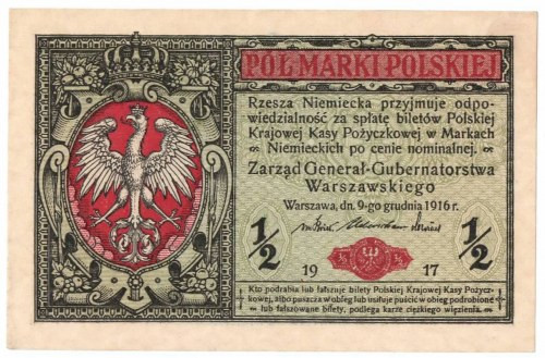 GG, 1/2 mkp 1916 Generał Egzemplarz w emisyjnym stanie zachowania. Banknot niezn...