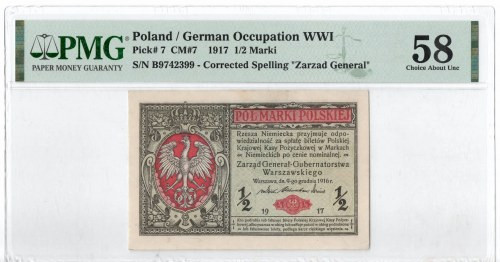 GG, 1/2 mkp 1916 B Generał - PMG 58 Bardzo dobrze zachowany zachowany banknot, o...