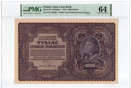 II RP, 1000 marek polskich 1919 I SERJA CJ - PMG 64 Doskonale zachowany banknot ...